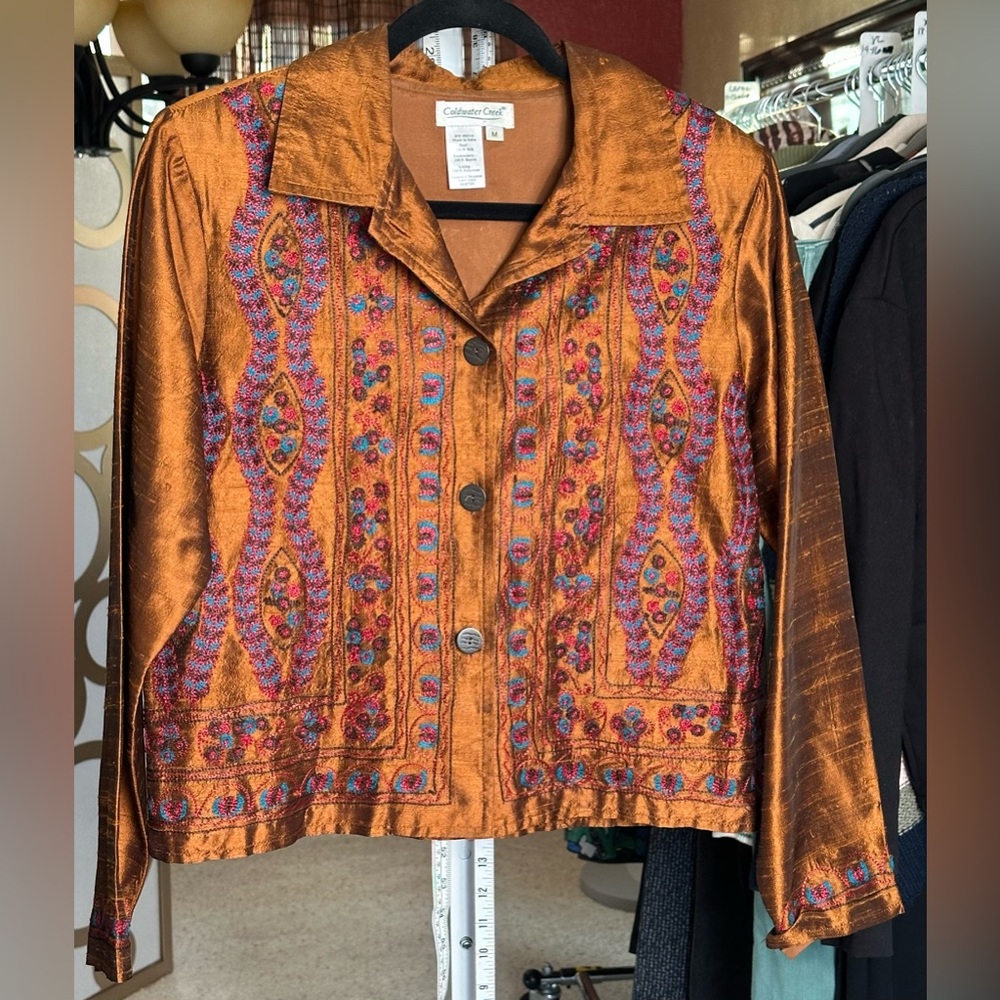 Coldwater Creek 100% Silk Embroidered Jacket Boho Copper Brown M